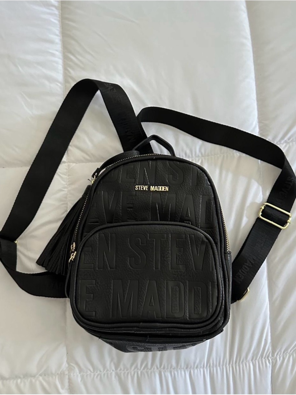 Steve Madden Black Embossed Mini Backpack with Tassel